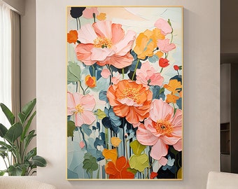 Pintura al óleo de flores abstractas sobre lienzo, arte de pared grande, arte floral rosa minimalista original pintura personalizada Boho decoración de pared sala de estar