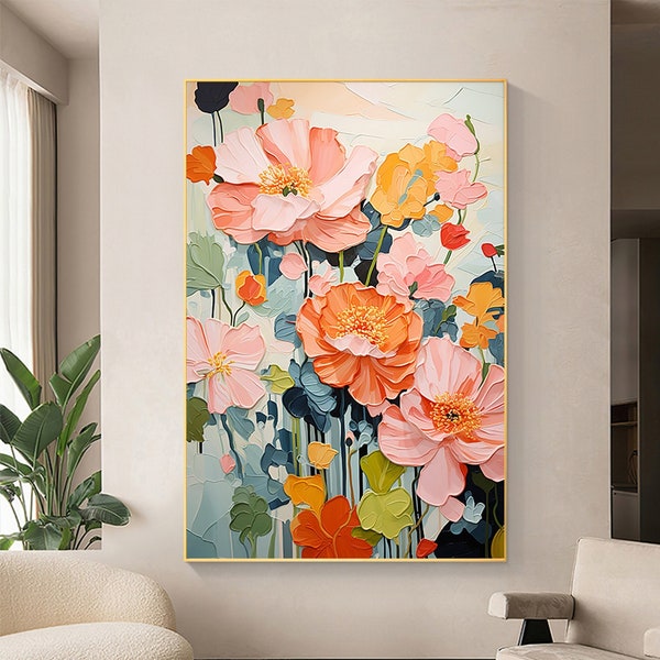 Peinture à l'huile abstraite de fleurs sur toile, grande oeuvre d'art murale, art floral rose minimaliste original, peinture personnalisée, décoration murale bohème, salon