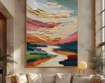 Large Textured Abstract Landscape, Colorful Vertical Wall Art, Original Impasto Painting, Modern Sunset River Scene For Living Room Bedroom