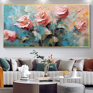Abstract Rose Flower Oil Painting On Canvas, Large Wall Art, Original Pink Floral Art,Boho Wall Décor,Custom Painting,Living room Wall Decor