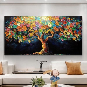 Arbre en fleurs coloré abstrait, peinture à l'huile sur toile, grande fleur originale texturée, art personnalisé, décoration murale bohème, décoration murale moderne de salon