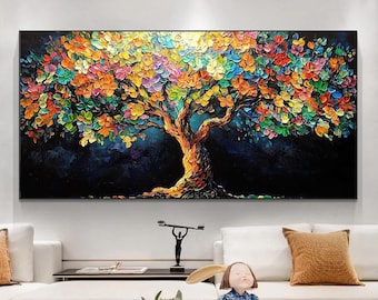Abstract Colorful Blossom Tree Oil Painting On Canvas,Large Original Texture Flower Custom Art,Boho Wall Décor,Modern Living room Wall Decor