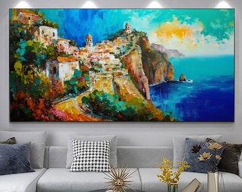 Original Amalfi Coast Oil Painting On Canvas, Large Wall Art, Abstract Bule Seascape Painting, Boho Wall Décor, Custom Painting, Home Decor