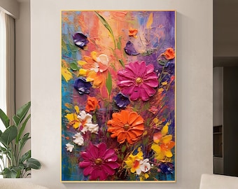 Large Floral Oil Painting On Canvas, Abstract Colorful Flower Landscape Art