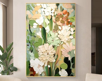 Abstract Flower Oil Painting on Canvas, Large Wall Art, Original Minimalist Green Floral Art Custom Painting Boho Wall Decor Living Room