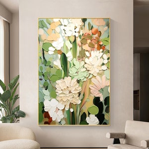 Abstract Flower Oil Painting on Canvas, Large Wall Art, Original Minimalist Green Floral Art Custom Painting Boho Wall Decor Living Room