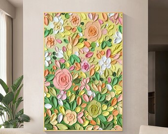 Abstract Colorful Flower Oil Painting on Canvas, Large Wall Art, Original Green Floral Art, Custom Painting, Boho Wall Decor Living Room