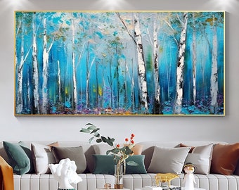 Original Birch Forest Oil Painting On Canvas, Large Wall Art Abstract Blue Tree Art Custom Painting Minimalist Living Room Art Home Decor