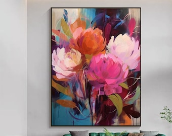 May include: Abstract painting of a bouquet of pink, white, and orange flowers with a blue and green background.