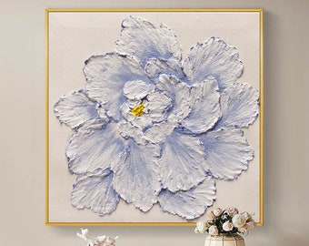 Abstract Blue Flower Oil Painting on Canvas, Original Floral Minimalist Art, Large Wall Art, Custom Painting, Boho Wall Decor Living Room