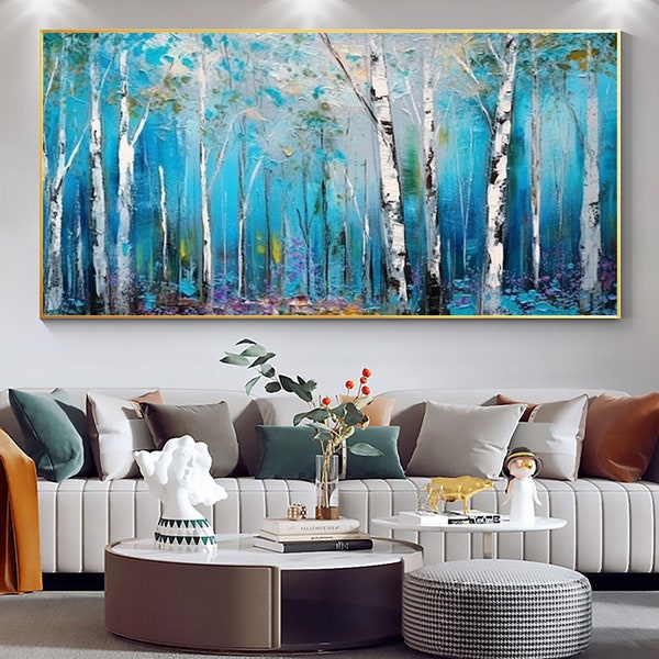 Peinture à l'huile originale de forêt de bouleaux sur toile, grand art mural abstrait arbre bleu art personnalisé peinture minimaliste salon art décoration d'intérieur