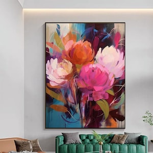 Abstract Colorful Flower Oil Painting on Canvas, Large Wall Art, Original Textured Floral Art, Custom Painting, Boho Wall Decor Living Room