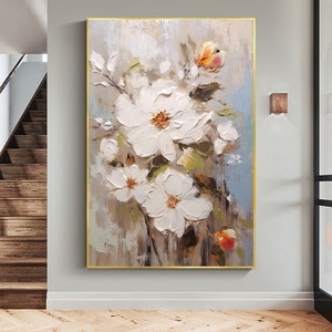 Large Original Flower Oil Painting on Canvas,Abstract White Floral Wall Art, Custom Painting,Modern Living room Home Decor,Personalized Gift