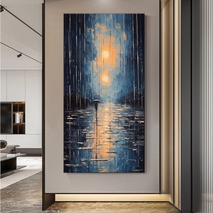 Abstract Rainy Night Landscape Oil Painting on Canvas, Large Wall Art, Original Lonely Painting, Custom Painting, Living Room Decor Gift
