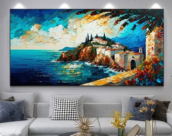 Large Original Amalfi Coast Oil Painting On Canvas, Canvas Wall Art, Abstract Bule Seascape Painting, Custom Painting Living room Wall Decor