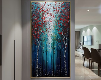 Original Forest Oil Painting on Canvas, Abstract Red Blue Leaves Painting, Large Wall Art, Custom Painting Personalized Gift Home Wall Decor