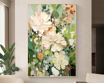 Pintura al óleo de flores abstractas sobre lienzo, arte de pared grande, arte floral verde minimalista original pintura personalizada Boho decoración de pared sala de estar