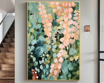 Pintura al óleo de flores abstractas sobre lienzo, arte de pared grande, arte floral verde minimalista original pintura personalizada Boho decoración de pared sala de estar