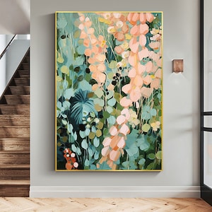 Abstract Flower Oil Painting on Canvas, Large Wall Art, Original Minimalist Green Floral Art Custom Painting Boho Wall Decor Living Room