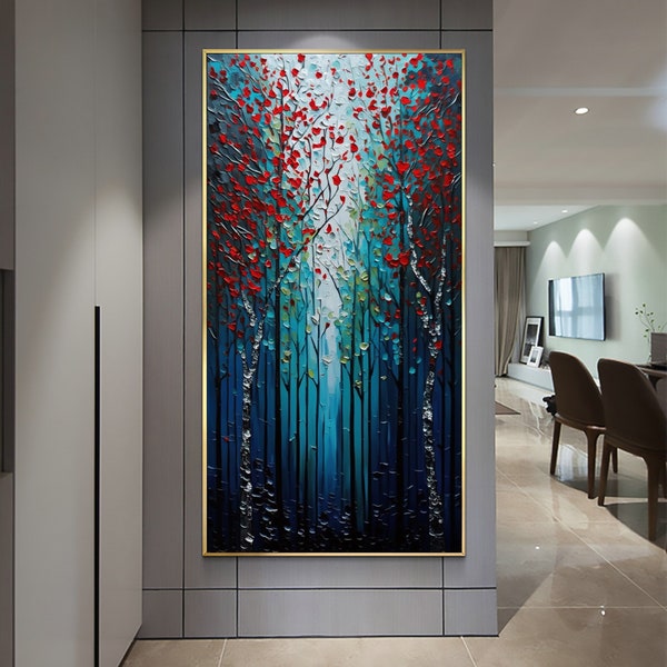 Original Forest Oil Painting on Canvas, Abstract Red Blue Leaves Painting, Large Wall Art, Custom Painting Personalized Gift Home Wall Decor