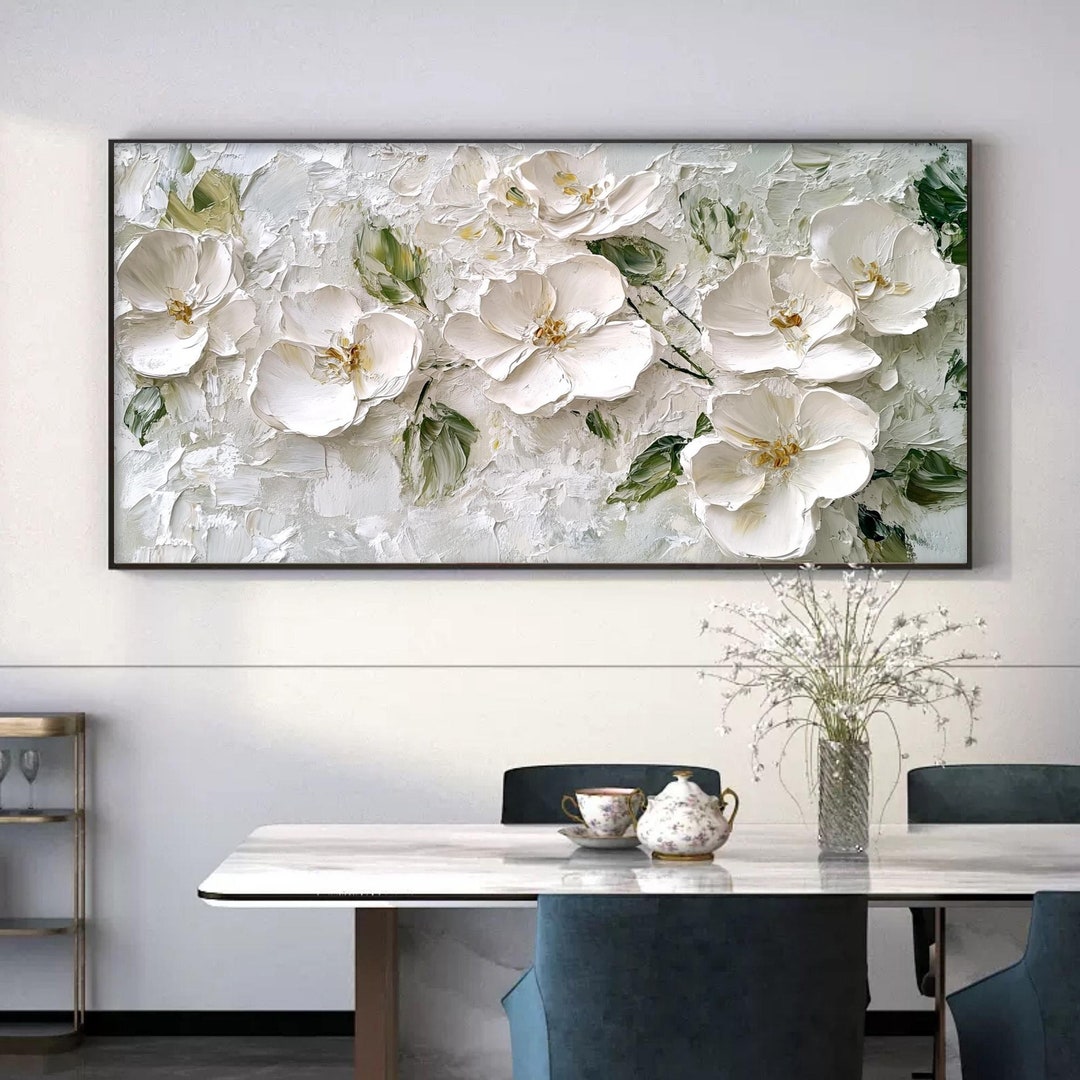 Abstract White Flower Oil Painting on Canvas, Textured Floral Wall Art ...
