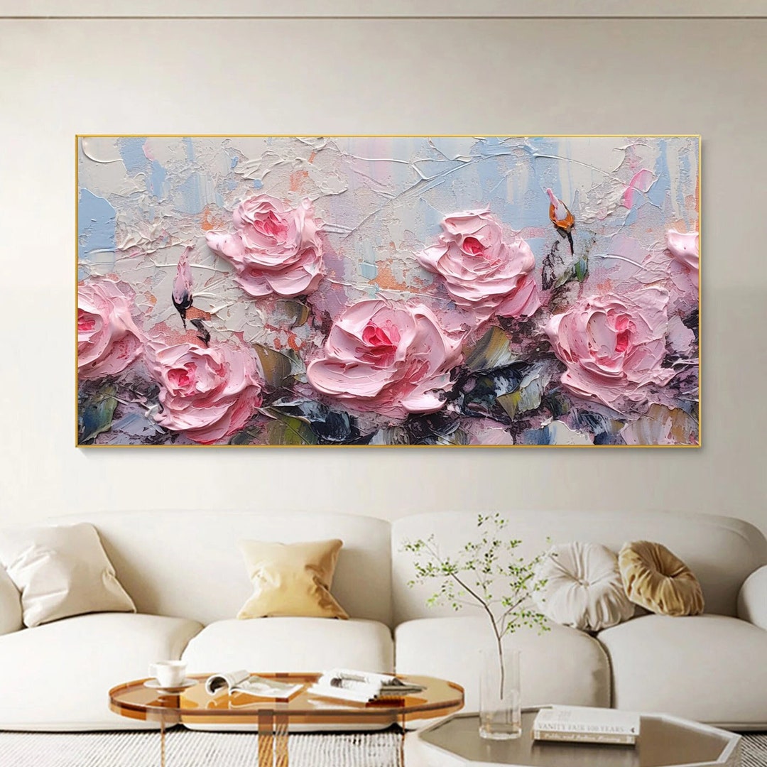 Large Pink Rose Oil Painting on Canvas, Abstract Floral Wall Art - Etsy