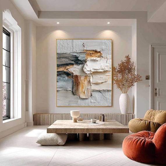Textured 3D Impasto Painting, Neutral Abstract Wabi Sabi Art