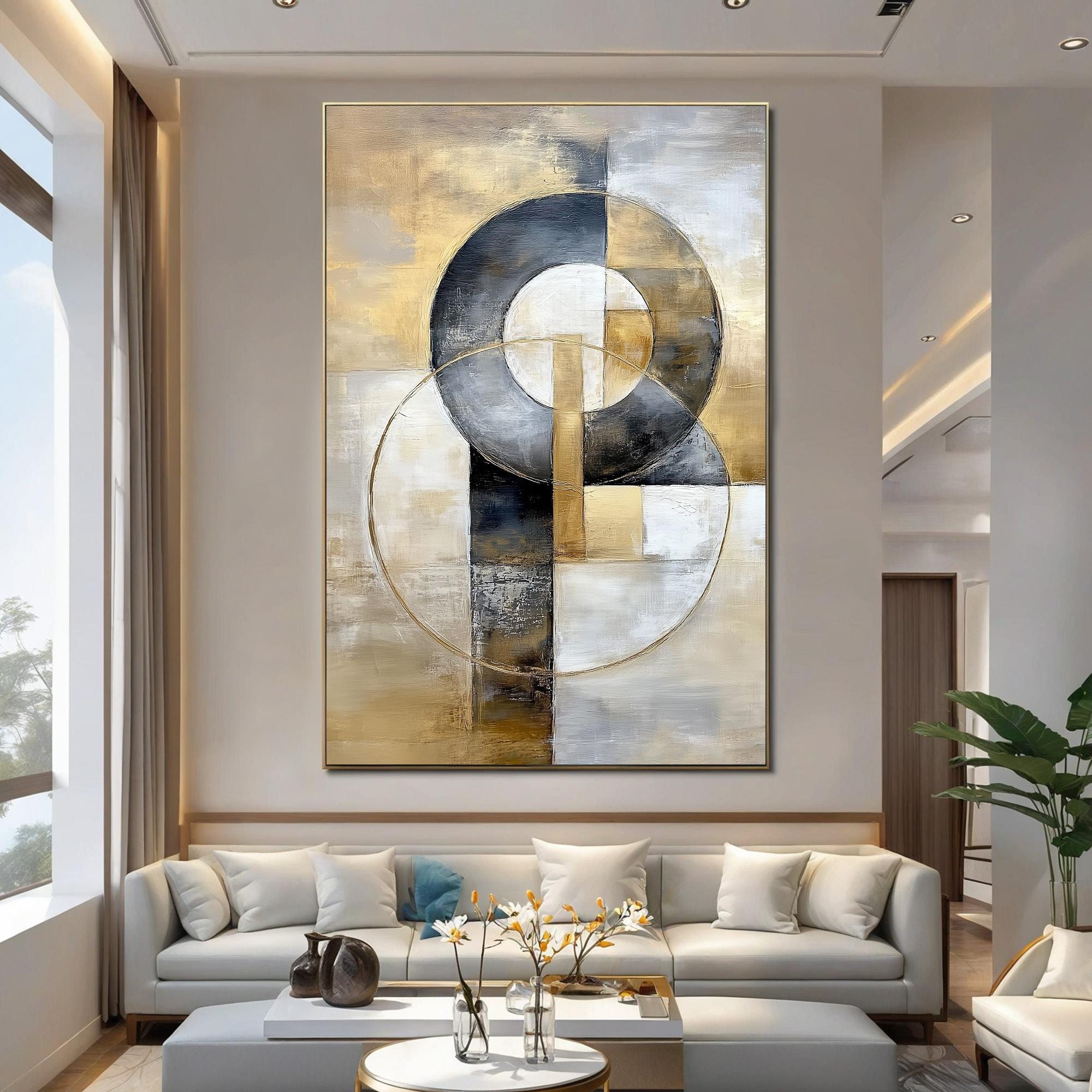 Luxury Abstract Circle Canvas, Original Gold,Black & White Geometric Wall Art, Large Modern Texture Painting for Living Room or Office Décor