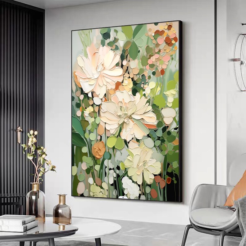 Abstract Flower Oil Painting on Canvas, Large Wall Art, Original Minimalist Green Floral Art Custom Painting Boho Wall Decor Living Room