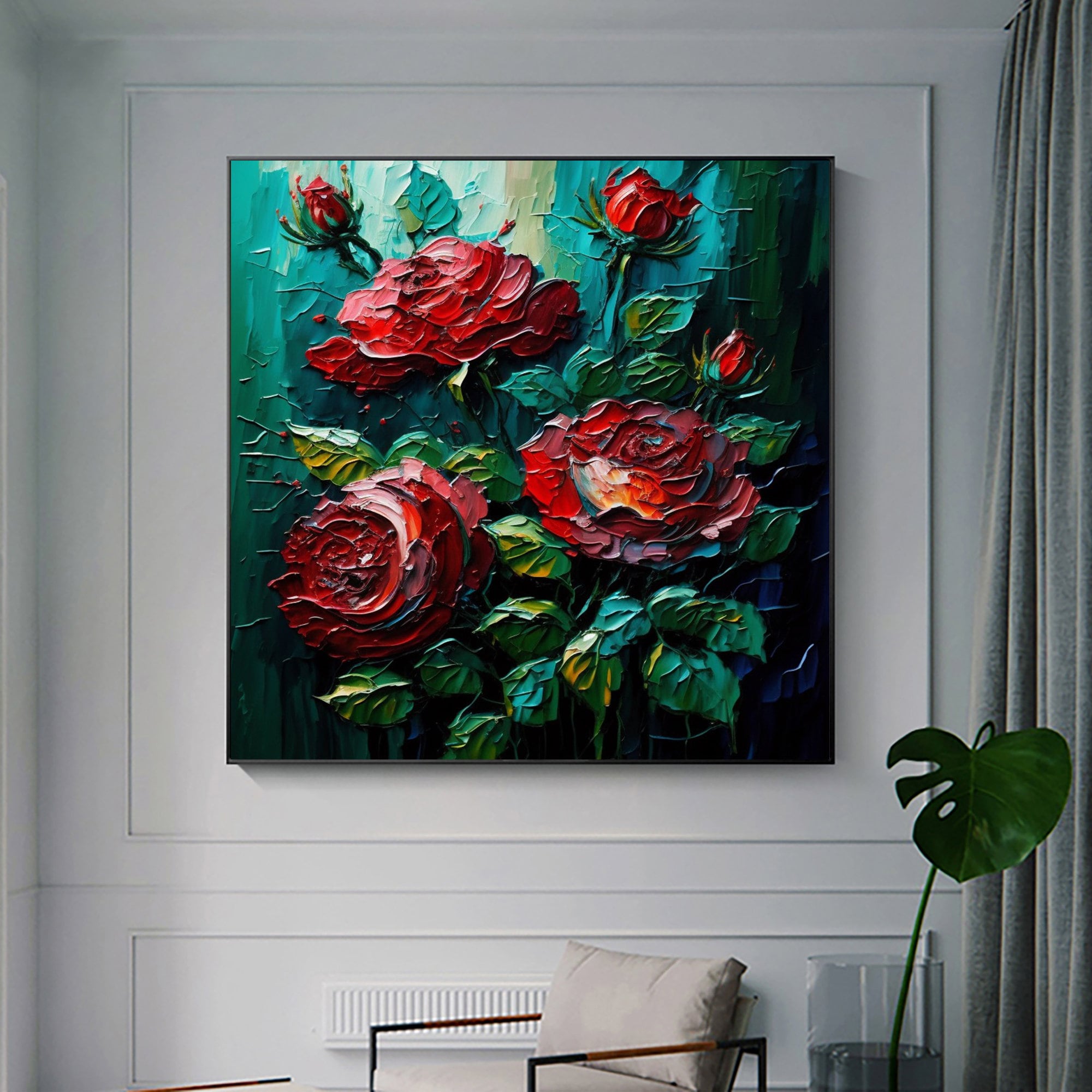 Textured Red Rose Oil Painting on Canvas, Abstract Floral Wall Art