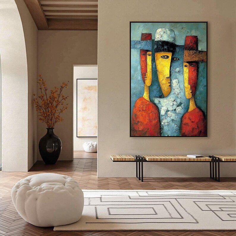 Large Abstract Figurative Painting, Colorful Textured Cubism Wall Art, Red Yellow Blue Portrait, Modern Original For Living Room Statement