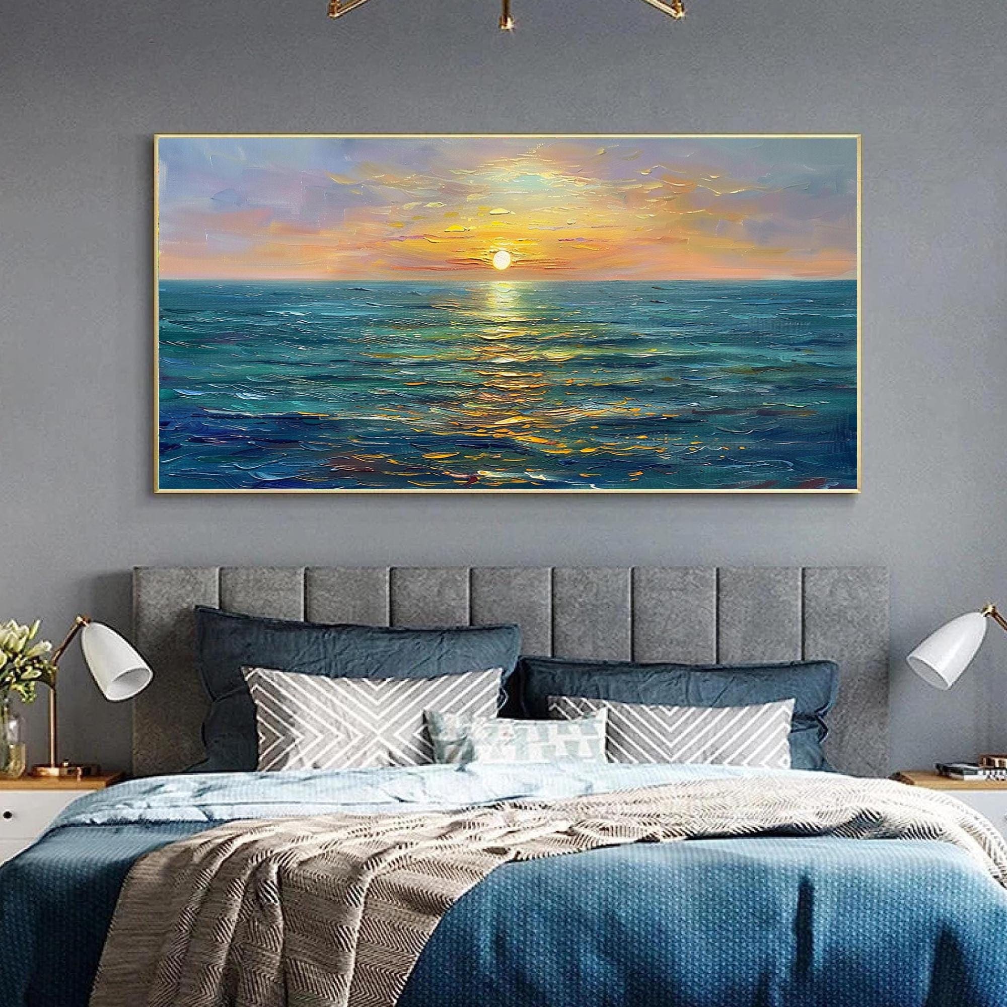 Original Sunset Seascape Oil Painting On Canvas, Large Wall Art, Abstract Sunrise Ocean Landscape Painting,Custom Painting,Living Room Decor