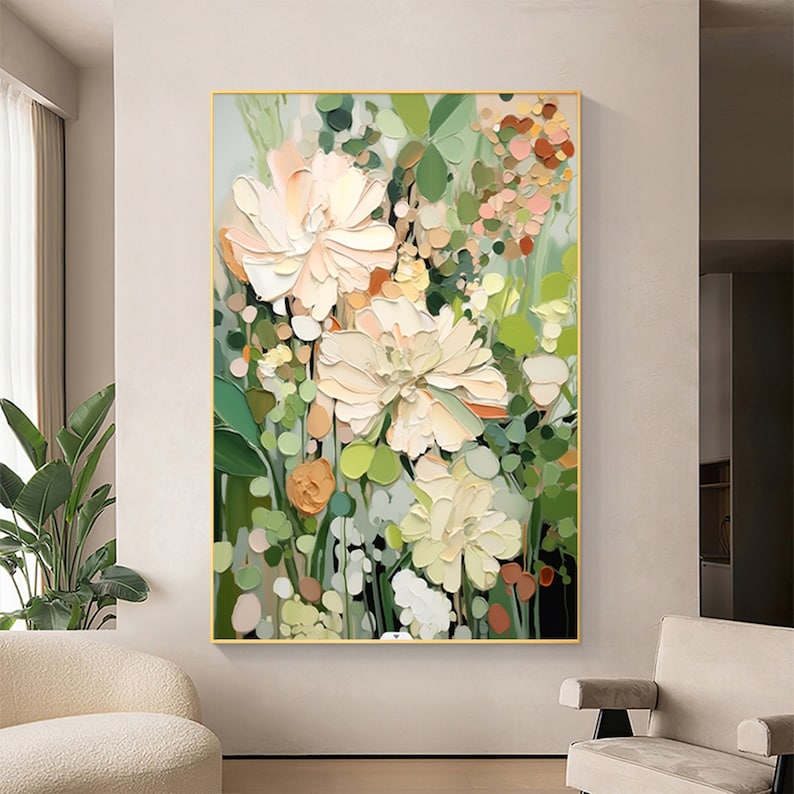 Abstract Flower Oil Painting on Canvas, Large Wall Art, Original Minimalist Green Floral Art Custom Painting Boho Wall Decor Living Room