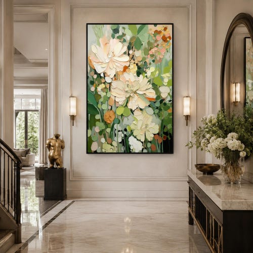 Textured Floral Painting, White Flower Impasto Wall Art,Large Original Artwork On Canvas,Sage Green Botanical Decor, Modern Living Room Gift
