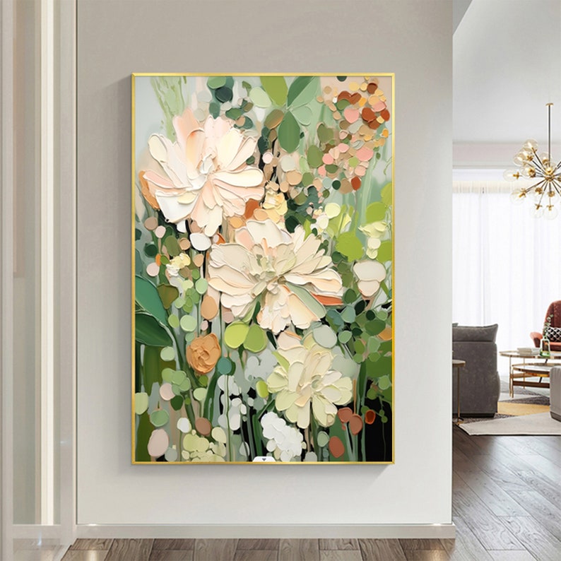 Abstract Flower Oil Painting on Canvas, Large Wall Art, Original Minimalist Green Floral Art Custom Painting Boho Wall Decor Living Room