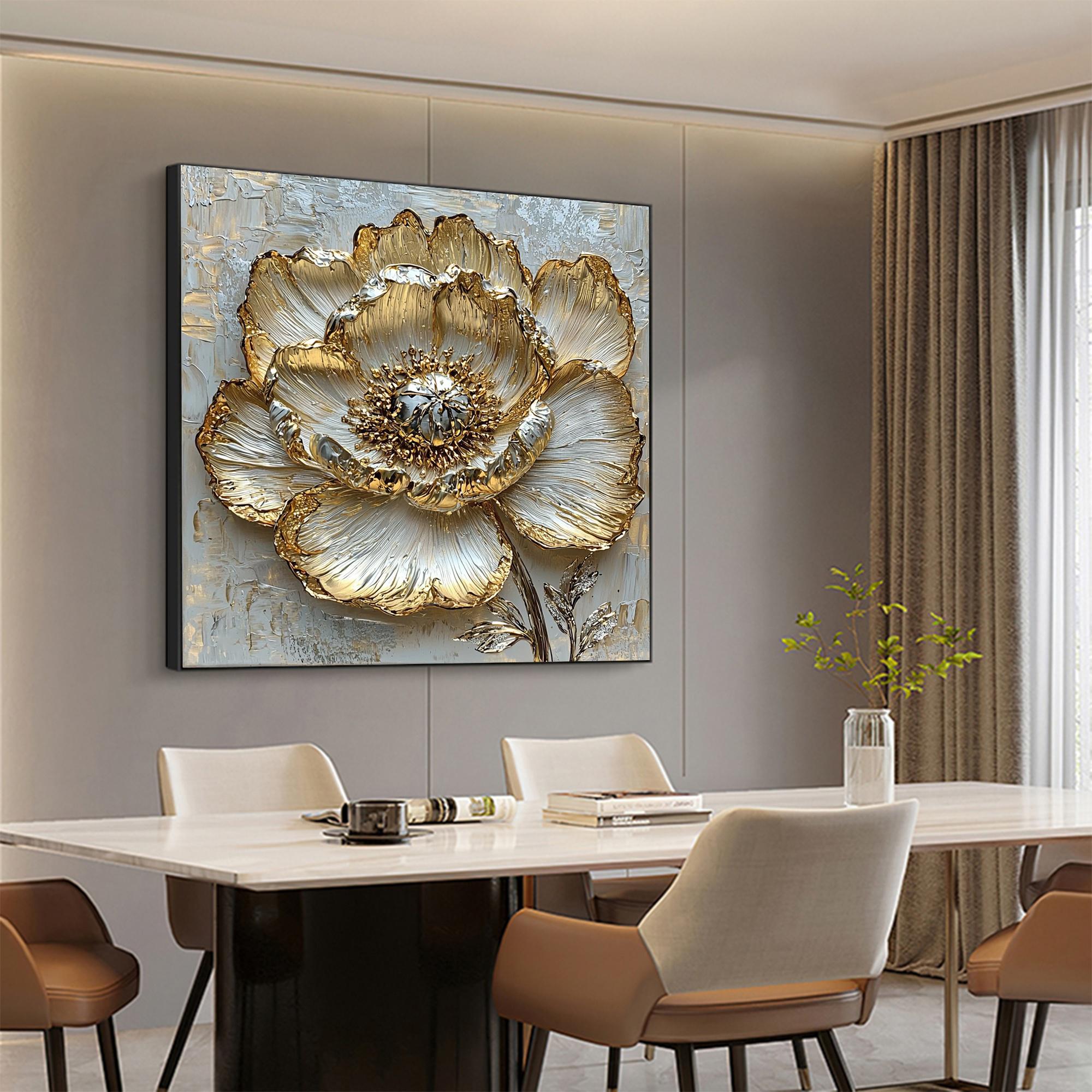 Gold & White Textured Flower Impasto Painting, Abstract 3D Floral Wall ...