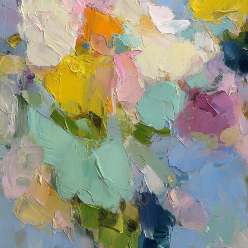 Colorful Abstract Floral Painting, Textured Impasto Flower Art, Modern Pastel Wall Decor, Dopamine Decor, Large Pink and Blue Painting