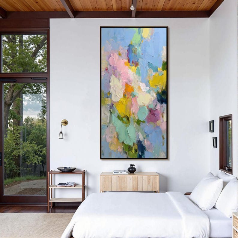 Colorful Abstract Floral Painting, Textured Impasto Flower Art, Modern Pastel Wall Decor, Dopamine Decor, Large Pink and Blue Painting