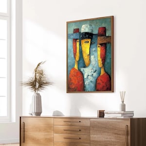 Large Abstract Figurative Painting, Colorful Textured Cubism Wall Art, Red Yellow Blue Portrait, Modern Original For Living Room Statement
