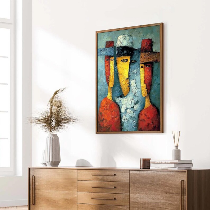 Large Abstract Figurative Painting, Colorful Textured Cubism Wall Art, Red Yellow Blue Portrait, Modern Original For Living Room Statement