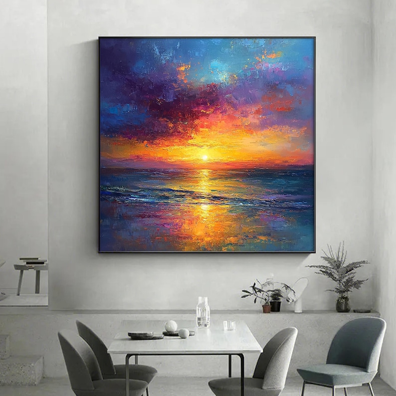Original Ocean Sunset Oil Painting on Canvas, Abstract Seascape Wall ...