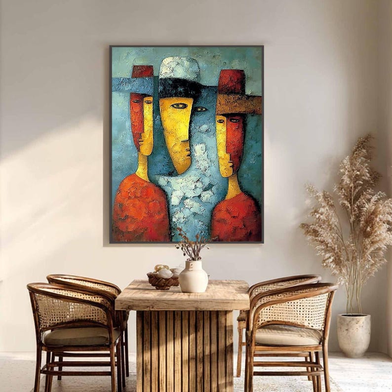Large Abstract Figurative Painting, Colorful Textured Cubism Wall Art, Red Yellow Blue Portrait, Modern Original For Living Room Statement