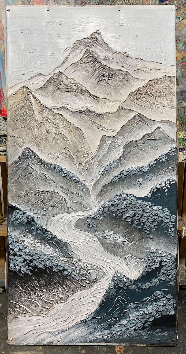 Textured Mountain Oil Painting on Canvas, Abstract Landscape Wall Art ...