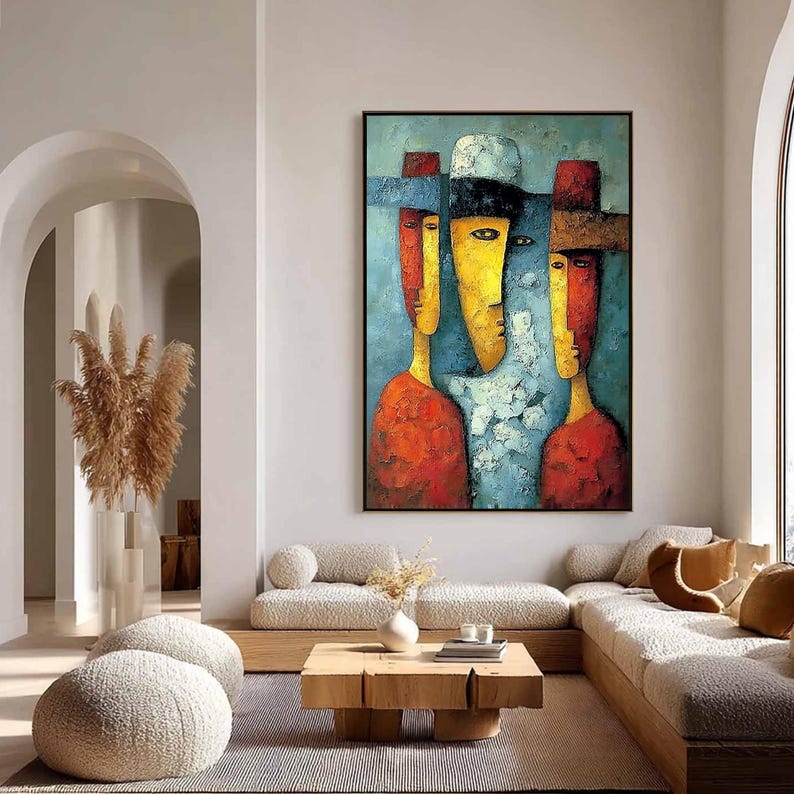 Large Abstract Figurative Painting, Colorful Textured Cubism Wall Art, Red Yellow Blue Portrait, Modern Original For Living Room Statement