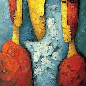 Large Abstract Figurative Painting, Colorful Textured Cubism Wall Art, Red Yellow Blue Portrait, Modern Original For Living Room Statement