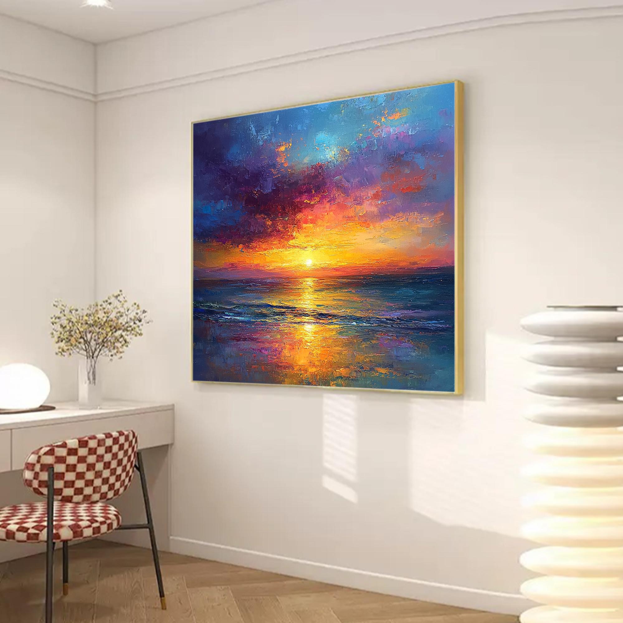 Original Ocean Sunset Oil Painting on Canvas, Abstract Seascape Wall ...