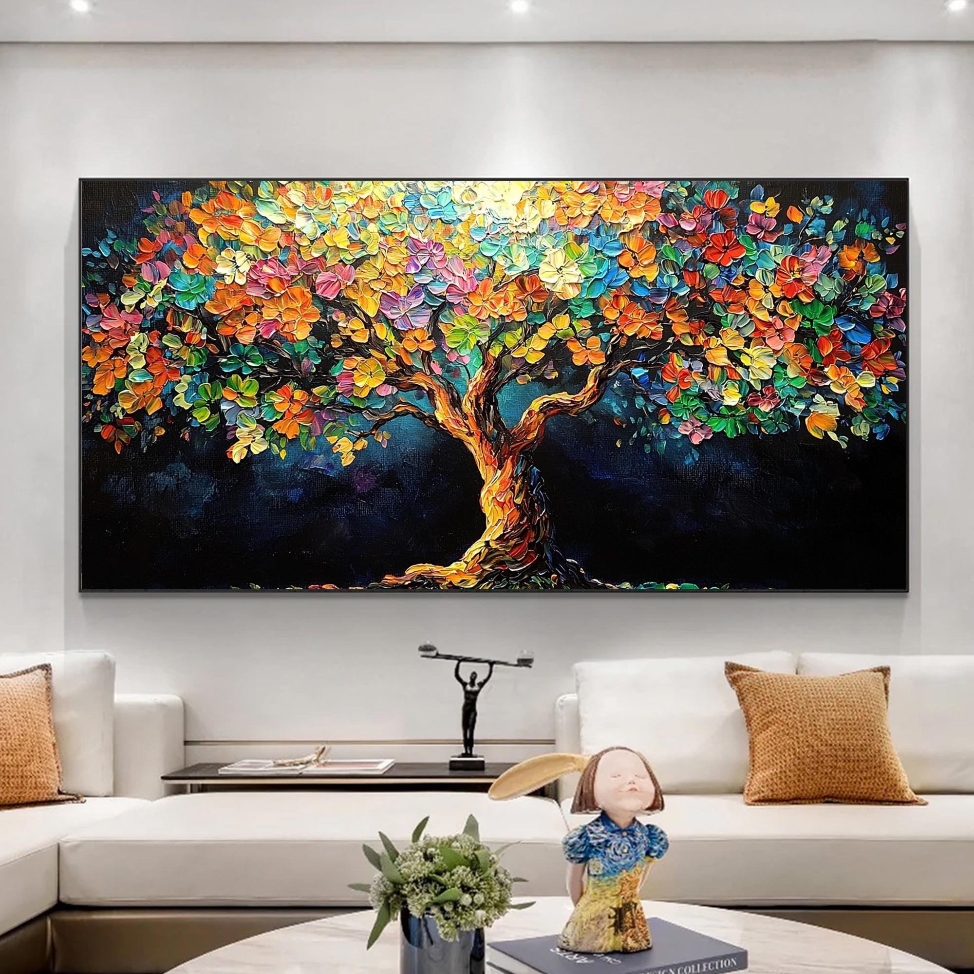 キャンバスに描かれた抽象的なカラフルな花の木の油絵、大きな