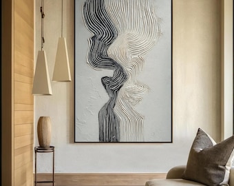 Large Black And White Textured Wall Art, Minimalist 3D Abstract Painting, Modern Wabi Sabi Plaster Artwork For Living Room Or Entryway Decor