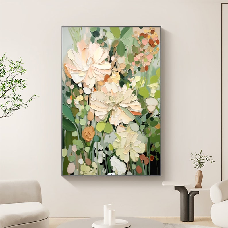 Abstract Flower Oil Painting on Canvas, Large Wall Art, Original Minimalist Green Floral Art Custom Painting Boho Wall Decor Living Room