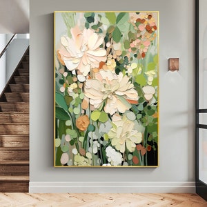 Abstract Flower Oil Painting on Canvas, Large Wall Art, Original Minimalist Green Floral Art Custom Painting Boho Wall Decor Living Room